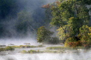 Mist rises from the potomac river