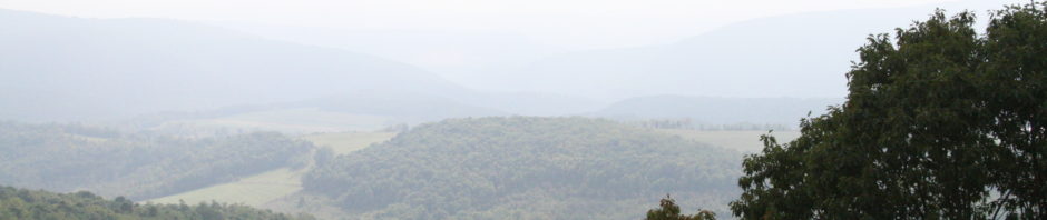 view looking down into a mountain valley, misty