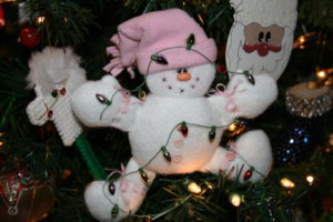 snowman ornament, tangled in lights