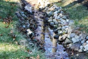 small creek lined with large rocks protecting the creek banks